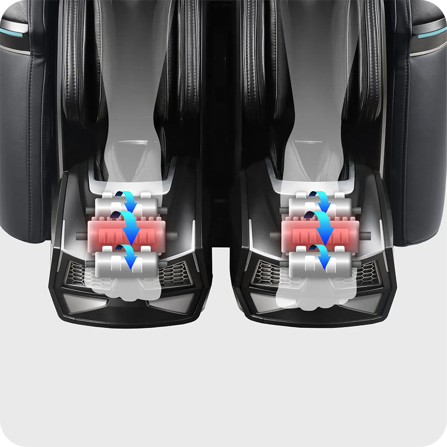 Osaki Trion Flex Duo 4D+3D Massage Chair in black. Transparent overlay showing dual foot roller system in action.