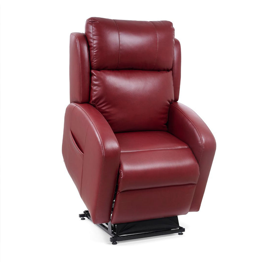 Ultracomfort UC793 Liftchair in Redwood color shown in lift position with side pocket and handheld remote.
