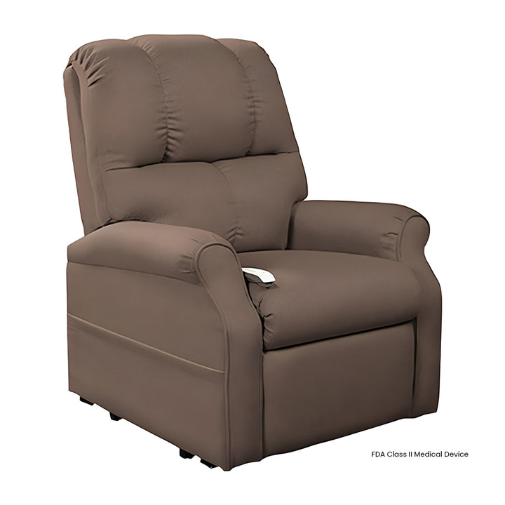 Mega Motion MM-2001 Pocono 3 Position Lift Chair in Chocolate color shown in an upright seated position.