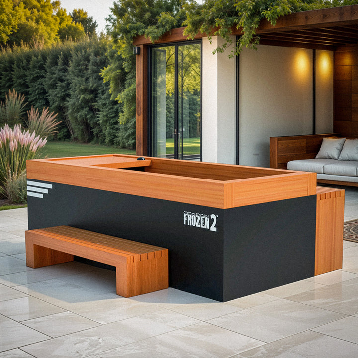Medical Breakthrough Frozen 2 Cold Plunge with wood trim and matching bench in modern outdoor patio from Wish Rock Relaxation.