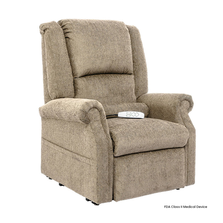 Mega Motion MM-201 iNFI ATTAIN Infinite Position Lift Chair in Wheat fabric with power recline and remote control from Wish Rock Relaxation.