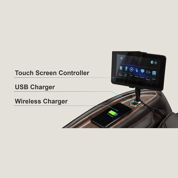 Osaki OS-Pro 4D Emperor Massage Chair with touch screen controller, USB charger, and wireless charging pad.