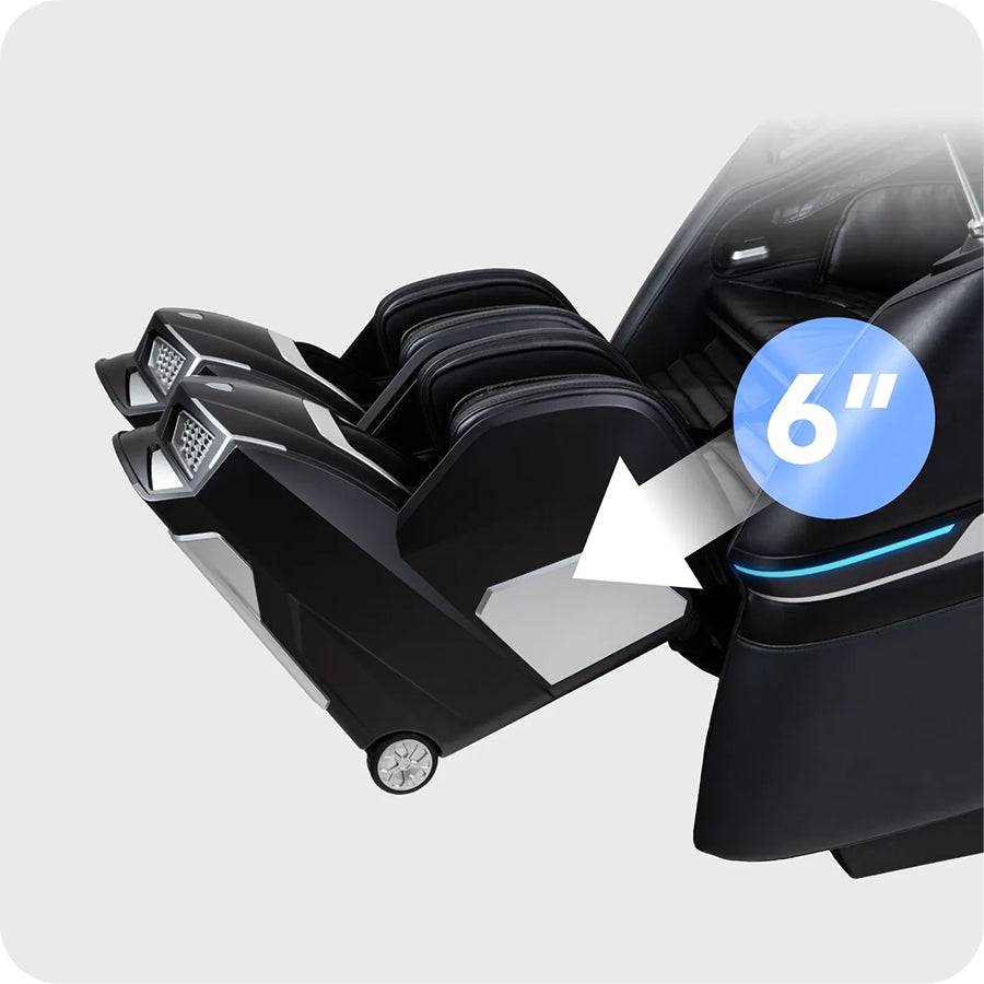 Osaki Trion Flex Duo 4D+3D Massage Chair in black. Side view showing 6-inch extendable footrest with directional arrow.