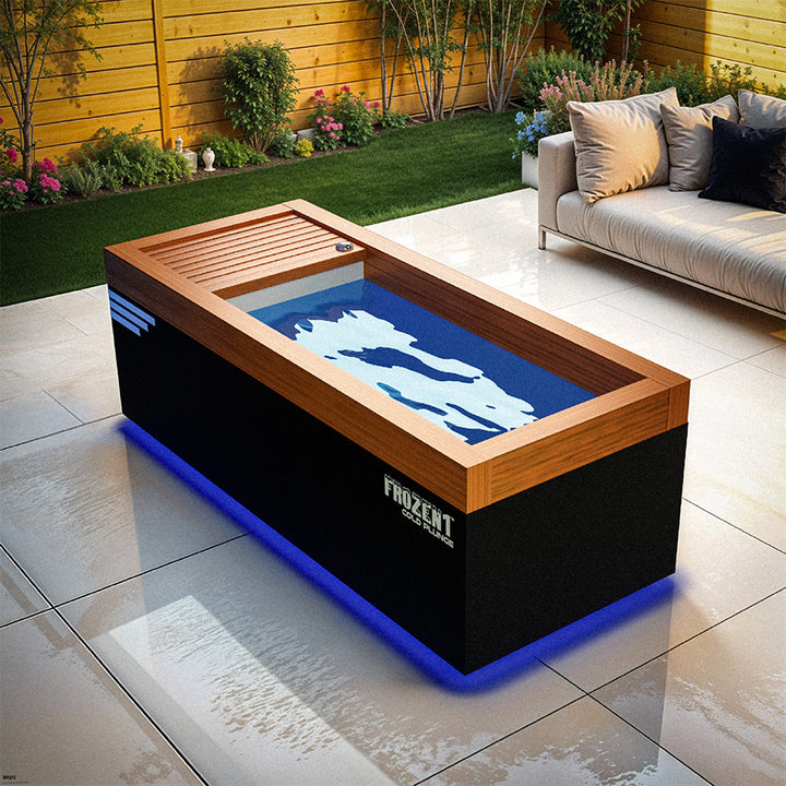 Medical Breakthrough Frozen 1 Cold Plunge with wood trim and LED lighting in modern outdoor patio setting from Wish Rock Relaxation.