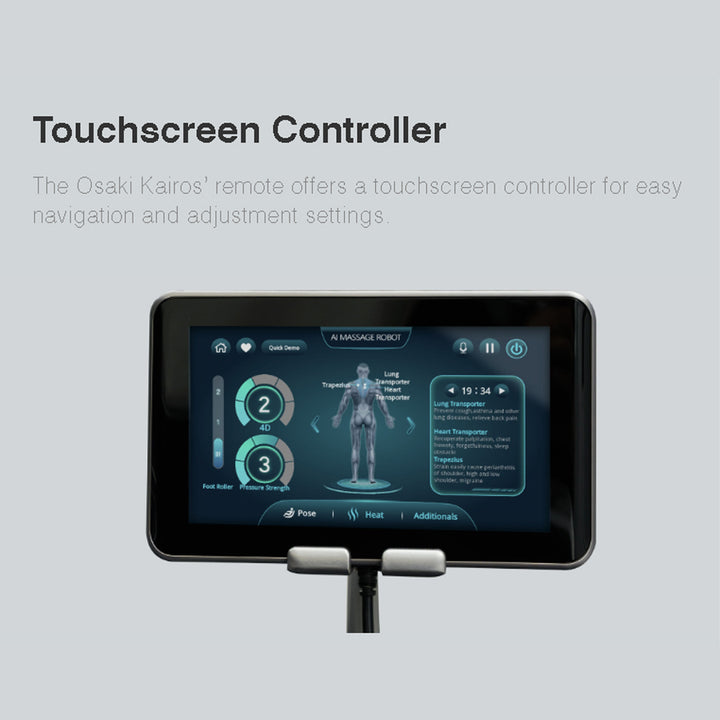 Touchscreen control panel of Osaki OP-Kairos 4D LT Massage Chair displaying massage programs.