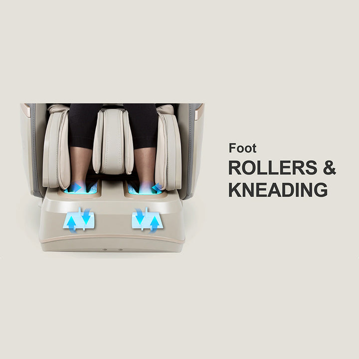 Osaki OS-Pro 4D Emperor Massage Chair in Taupe/Gray showing foot rollers and kneading functions with blue motion arrows.