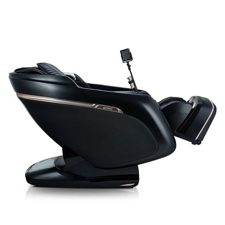 JPMedics KaZe Duo Massage Chair in black shown in reclined position with tablet control mount.