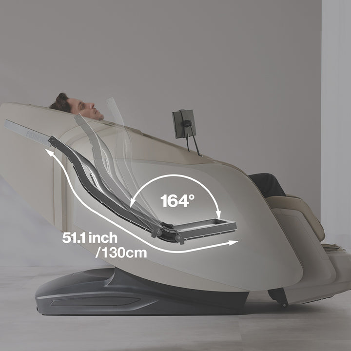 Cyber Relax Elite - 4D Flex Frame SL Track Massage Chair in cream reclining to 164° with 51.1" SL track