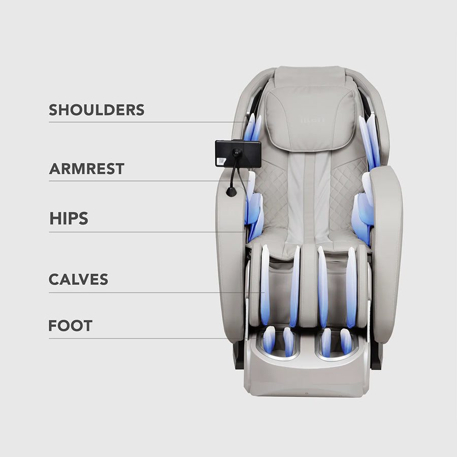 Titan 4D Advent Massage Chair showing shoulder, arm, hip, calf, and foot air massage zones