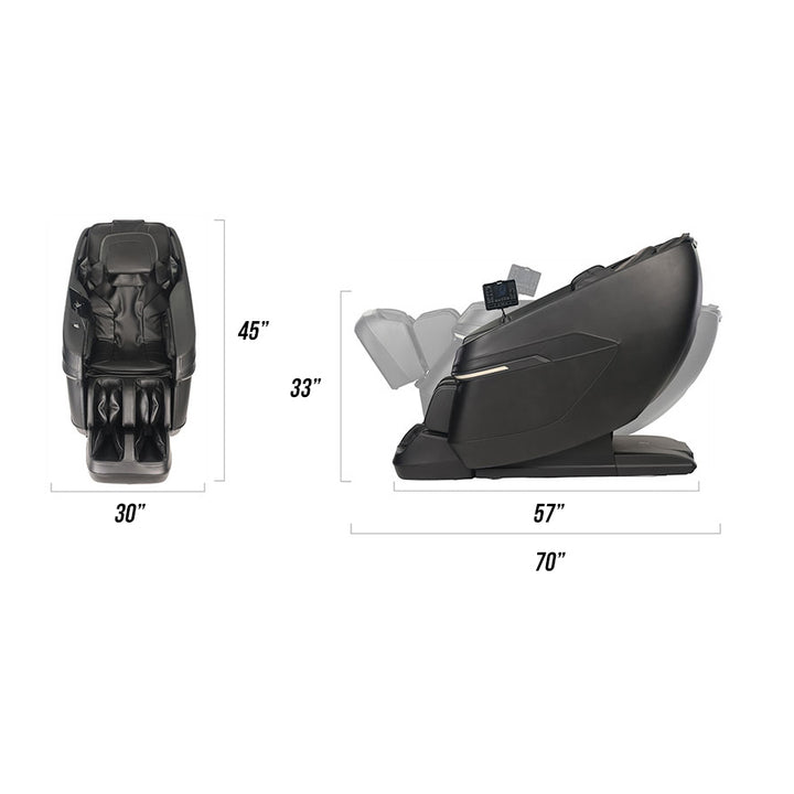 Kyota Zenyu M338 Massage Chair with labeled dimensions: 30" wide, 45" high, 57"–70" deep depending on recline position.