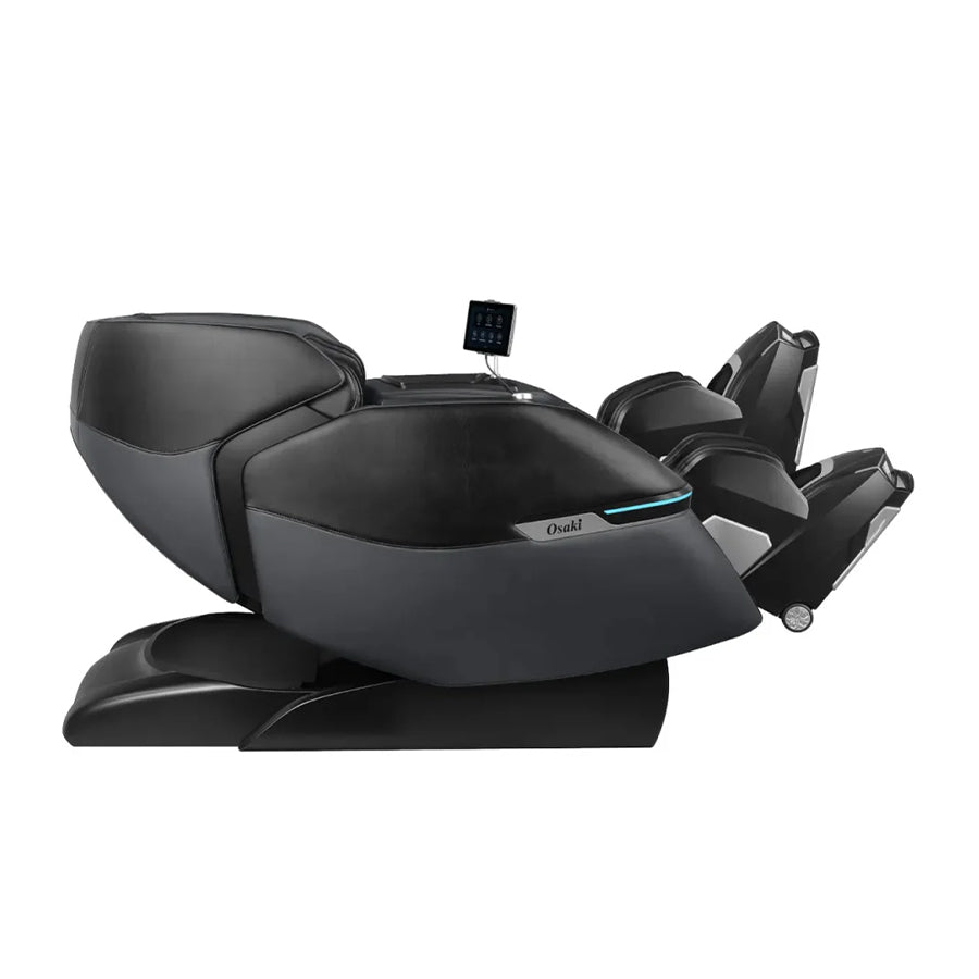 Osaki Trion Flex Duo 4D+3D Massage Chair in black. Side view with legrest partially extended and chair in reclined position.