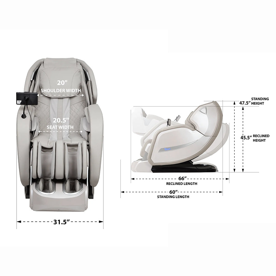 Titan 4D Advent Massage Chair dimensions showing height, width, and reclined length