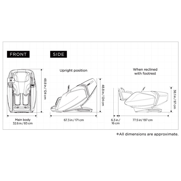Cyber Relax Elite - 4D Flex Frame SL Track Massage Chair size diagram showing upright and reclined measurements
