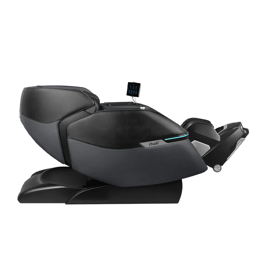 Osaki Trion Flex Duo 4D+3D Massage Chair in black. Side view with legrest partially extended and chair in reclined position.
