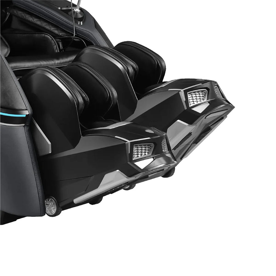 Osaki Trion Flex Duo 4D+3D Massage Chair in black. Front angle showing footrest with triple calf airbags and premium trim.