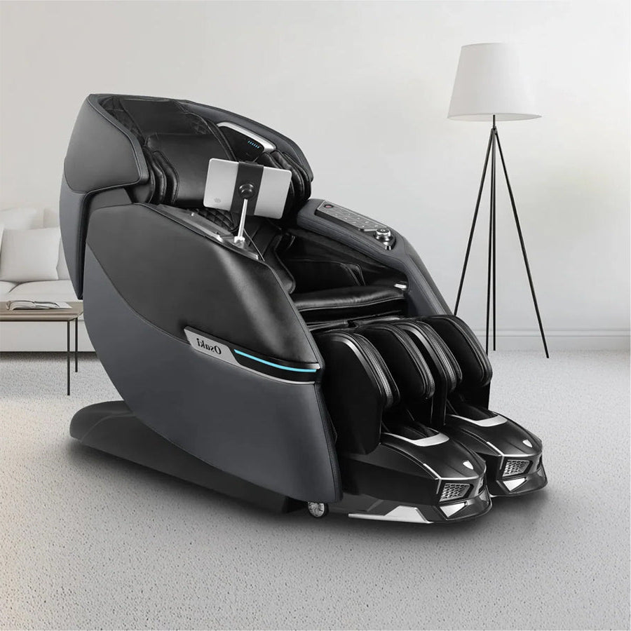 Osaki Trion Flex Duo 4D+3D Massage Chair in black. Placed in a bright living room setting with modern décor—from Wish Rock Relaxation.