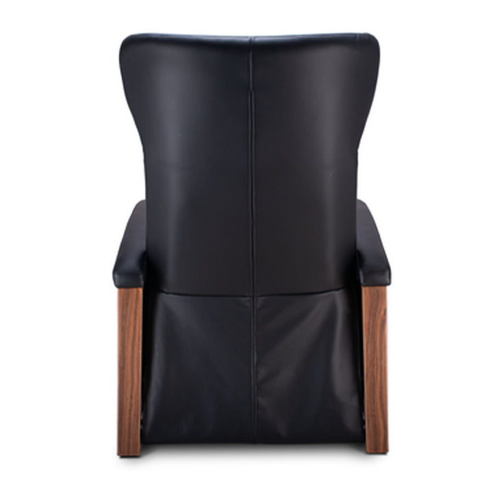 Svago Motion Mastery Lounge Chair (SV700) X1-700 in black leather with walnut wood accents shown from the back.