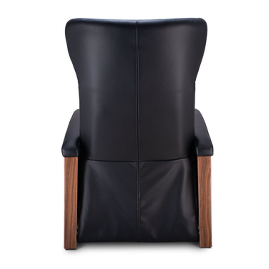 Svago Motion Mastery Lounge Chair (SV700) X1-700 in black leather with walnut wood accents shown from the back.