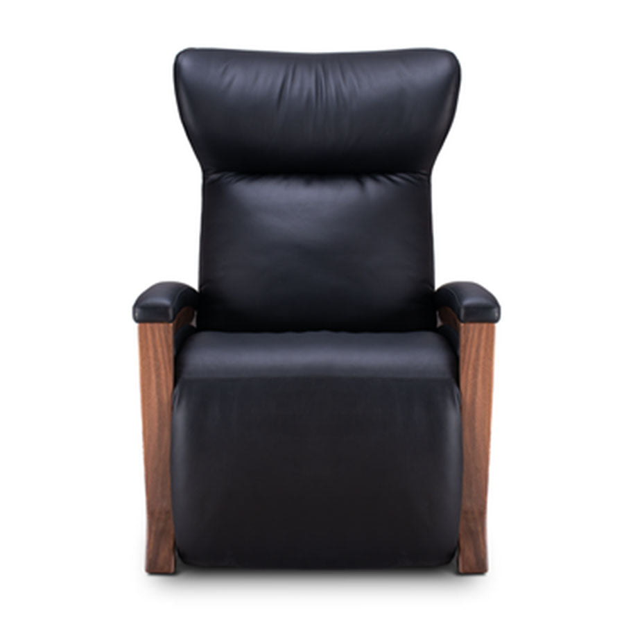 Svago Motion Mastery Lounge Chair (SV700) X1-700 in black leather with walnut arms shown from the front.