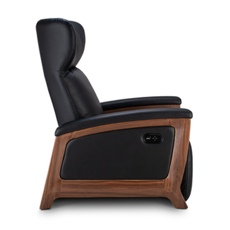 Svago Motion Mastery Lounge Chair (SV700) X1-700 in black leather with walnut frame shown from the side.