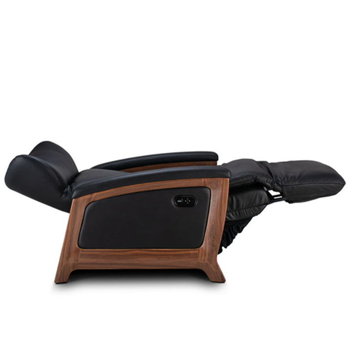 Svago Motion Mastery Lounge Chair (SV700) X1-700 fully extended in zero gravity position with black leather and walnut base.