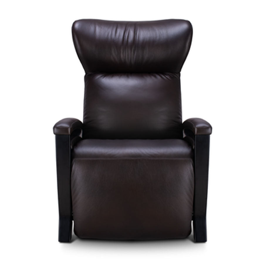 Svago Motion Mastery Lounge Chair (SV700) X1-700 in dark brown leather with black arms shown from the front.