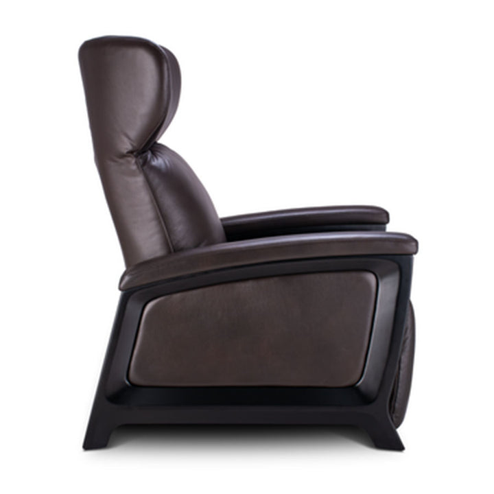 Svago Motion Mastery Lounge Chair (SV700) X1-700 in dark brown leather with black side panel shown from the side.