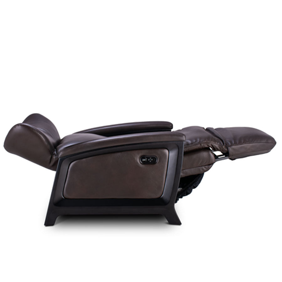 Svago Motion Mastery Lounge Chair (SV700) X1-700 fully extended in zero gravity position in dark brown leather and black frame.