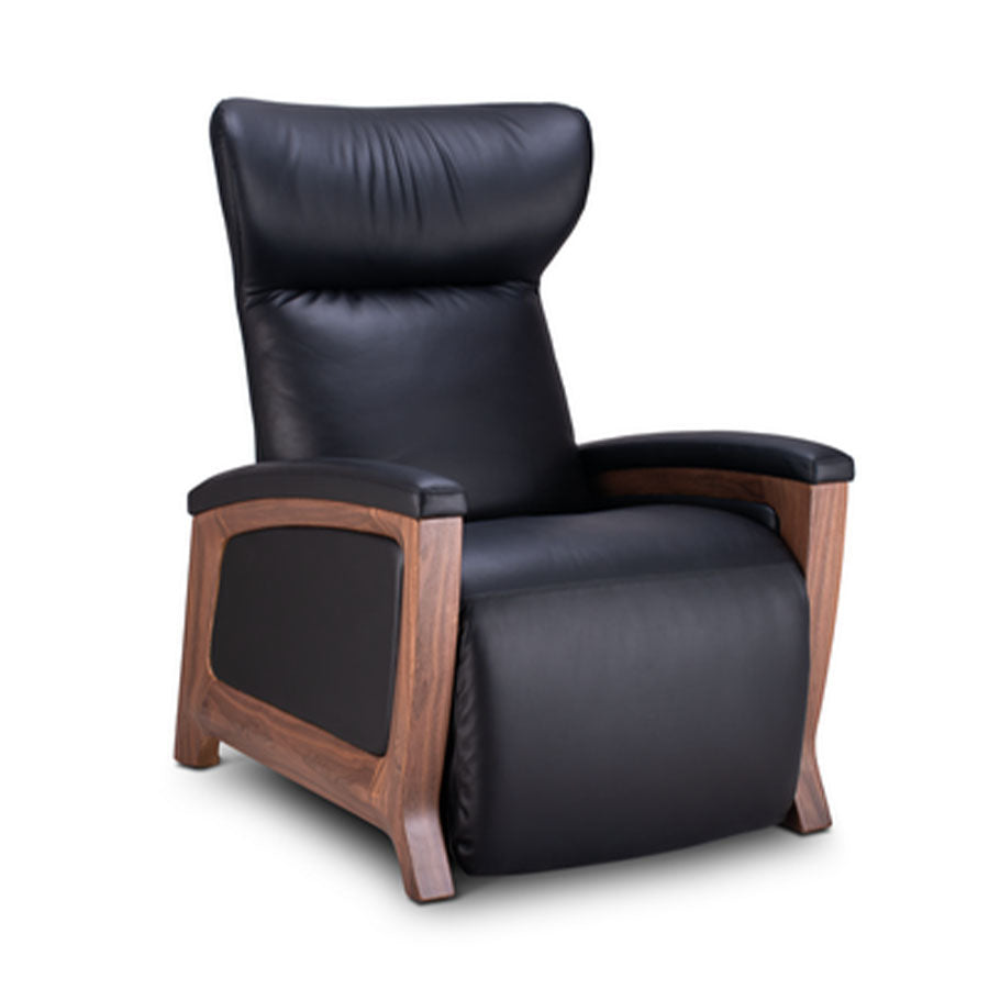 Svago Motion Mastery Lounge Chair (SV700) X1-700 in black leather and walnut wood finish at a three-quarter angle from Wish Rock Relaxation.