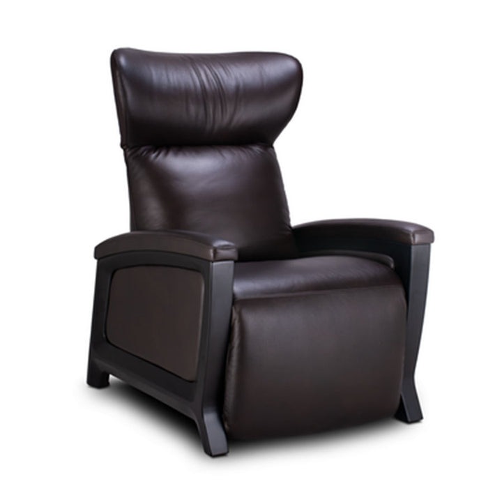 Svago Motion Mastery Lounge Chair (SV700) in black leather and walnut wood finish at a three-quarter angle from Wish Rock Relaxation.