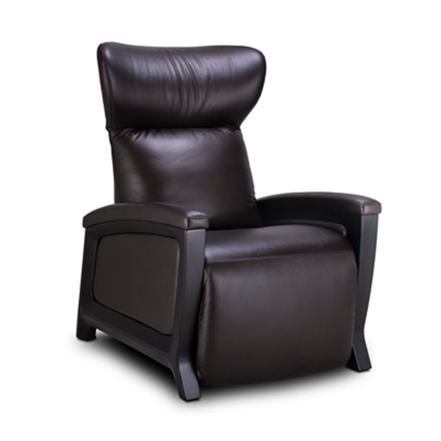 Svago Motion Mastery Lounge Chair (SV700) in black leather and walnut wood finish at a three-quarter angle from Wish Rock Relaxation.