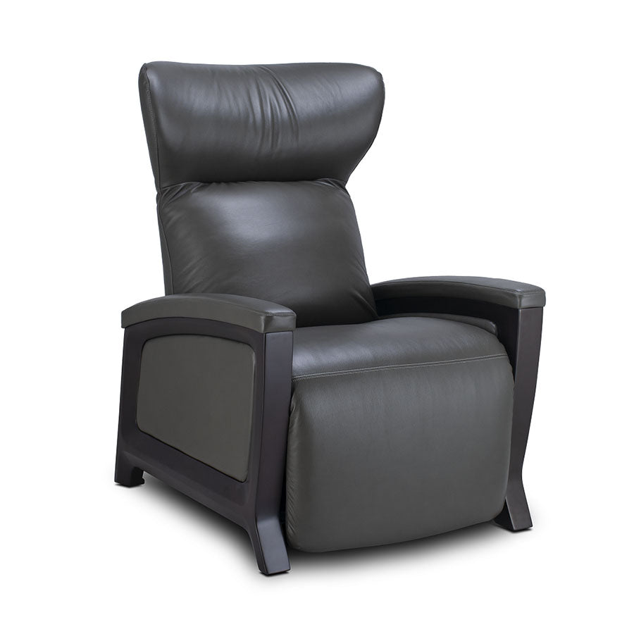 Svago Motion Mastery Lounge Chair (SV700) X1-700 in gray leather and dark wood finish at a three-quarter angle from Wish Rock Relaxation.