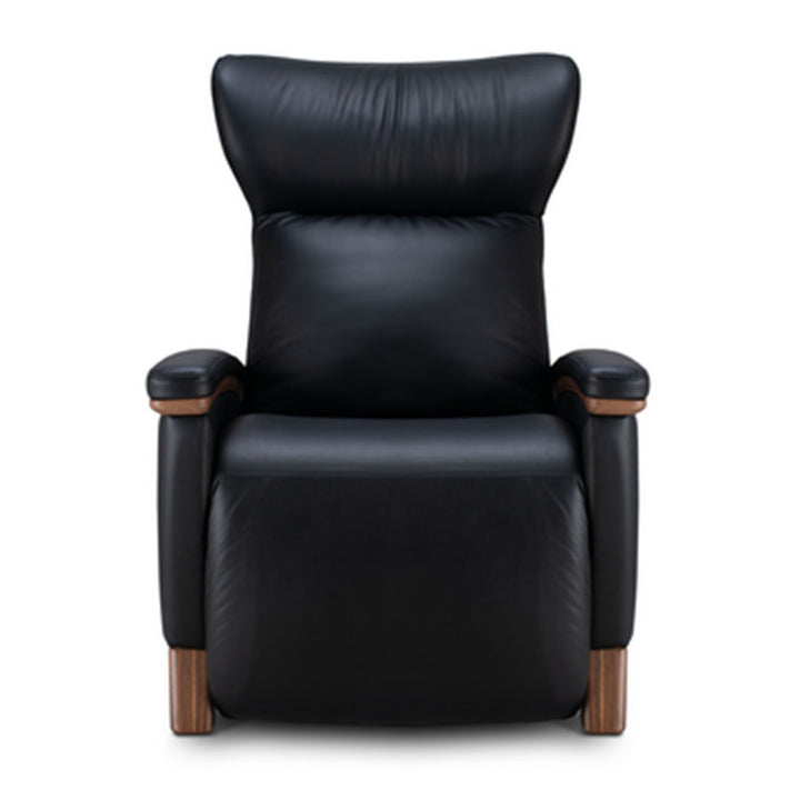 Svago Motion Mastery Lounge Chair (SV700) X2-701 in black leather with walnut accents shown from the front.