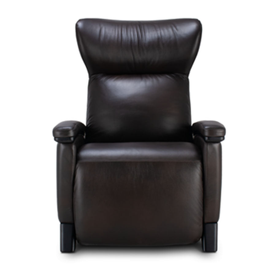 Svago Motion Mastery Lounge Chair (SV700) X2-701 in espresso brown leather with black frame shown from the front.