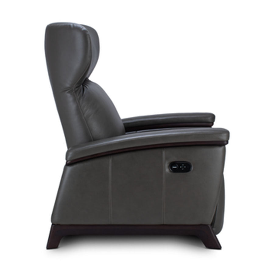 Svago Motion Mastery Lounge Chair (SV700) X2-701 in gray leather with dark wood base shown from the side.