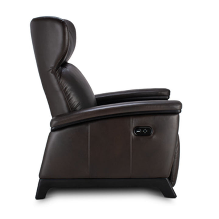 Svago Motion Mastery Lounge Chair (SV700) X2-701 in espresso brown leather with black base shown from the side.
