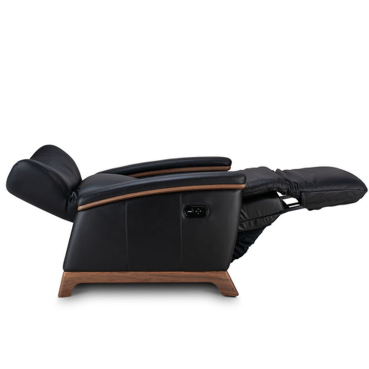 Svago Motion Mastery Lounge Chair (SV700) X2-701 fully extended in zero gravity position in black leather and walnut frame.