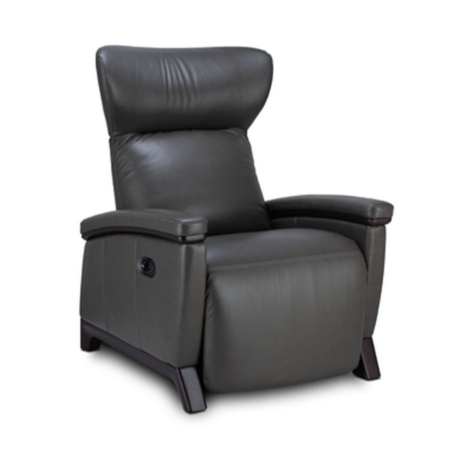 Svago Motion Mastery Lounge Chair (SV700) X2-701 n gray leather with dark wood base shown from the side from Wish Rock Relaxation.