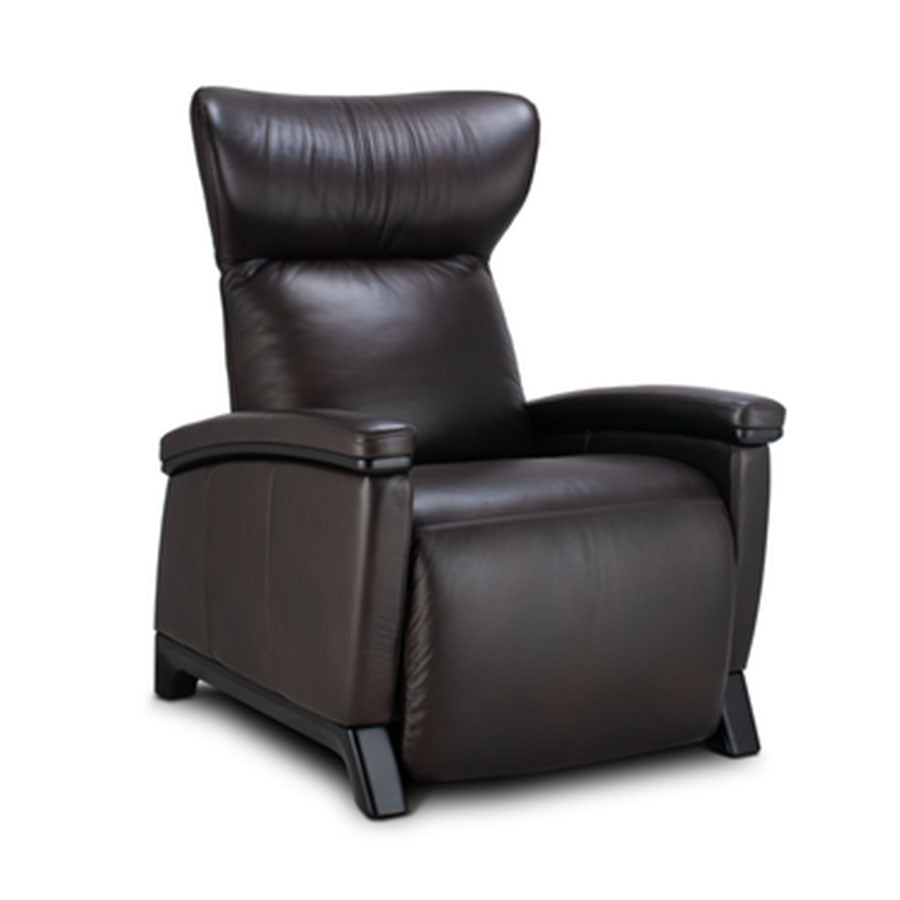 Svago Motion Mastery Lounge Chair (SV700) X2-701 in espresso brown leather with black frame shown from the front at a three-quarter angle from Wish Rock Relaxation.
