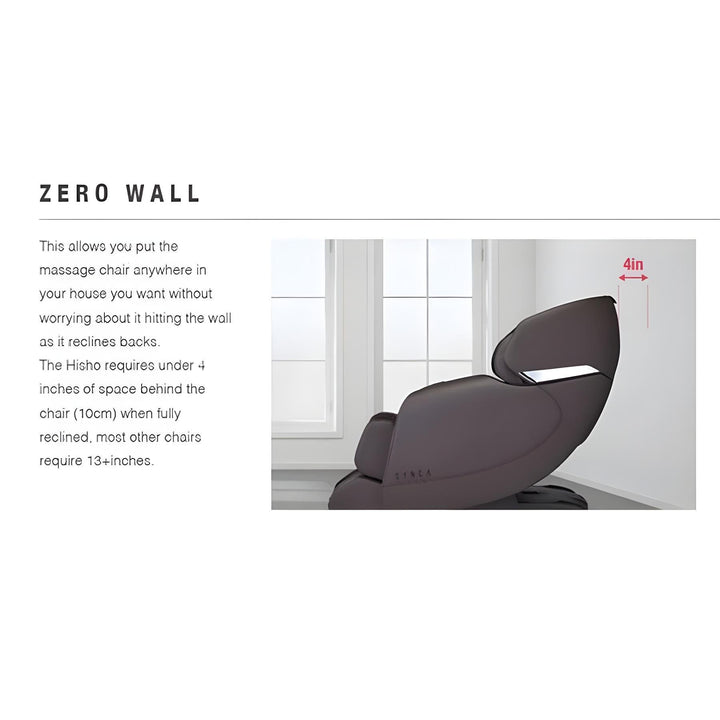 Synca Wellness Hisho Massage Chair in brown showing 4-inch zero wall space-saving recline