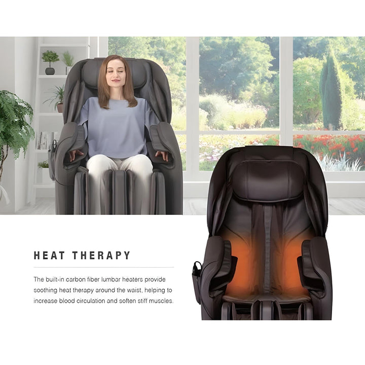 Synca Wellness Hisho Massage Chair with lumbar heat therapy and user seated in bright room