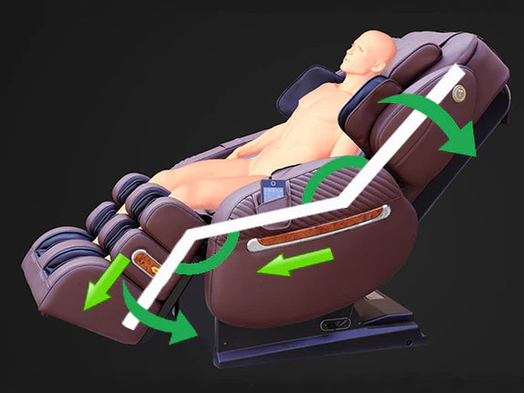Luraco i9 Max Plus Special Edition Massage Chair in Chocolate Brown Color showcasing the Unique and Advanced FULL-BODY STRETCHING (lower back, foot, and arm stretching by powered actuators)