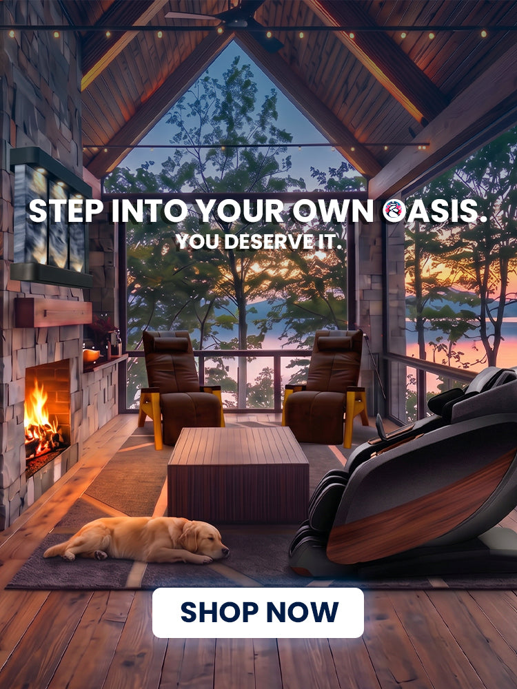 Human Touch Gravis zero gravity chair in a relaxing lakefront cabin with fireplace — Wish Rock Relaxation summer collection mobile banner