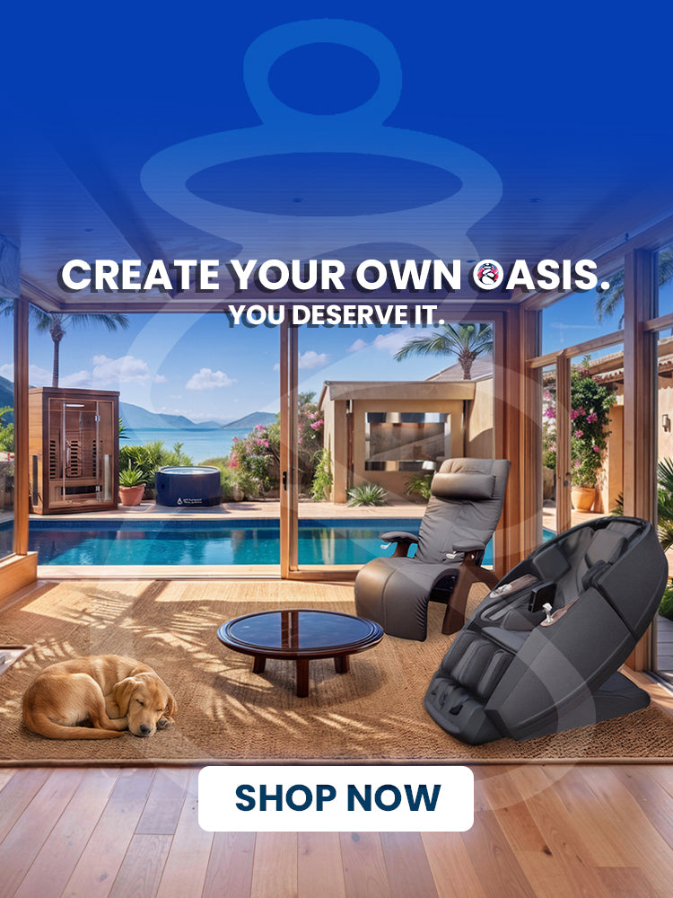 Sunlit indoor-outdoor living room opening onto a poolside summer oasis, with a sauna, cold plunge, and water feature by the palm-lined pool, and a Supreme Hybrid X massage chair beside a Human Touch PC-365 zero gravity recliner for relaxing in the summer breeze.