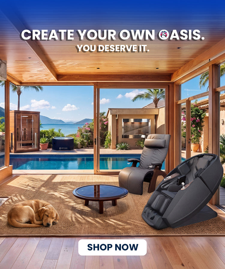 Sunlit indoor-outdoor living room opening onto a poolside summer oasis, with a sauna, cold plunge, and water feature by the palm-lined pool, and a Supreme Hybrid X massage chair beside a Human Touch PC-365 zero gravity recliner for relaxing in the summer breeze.
