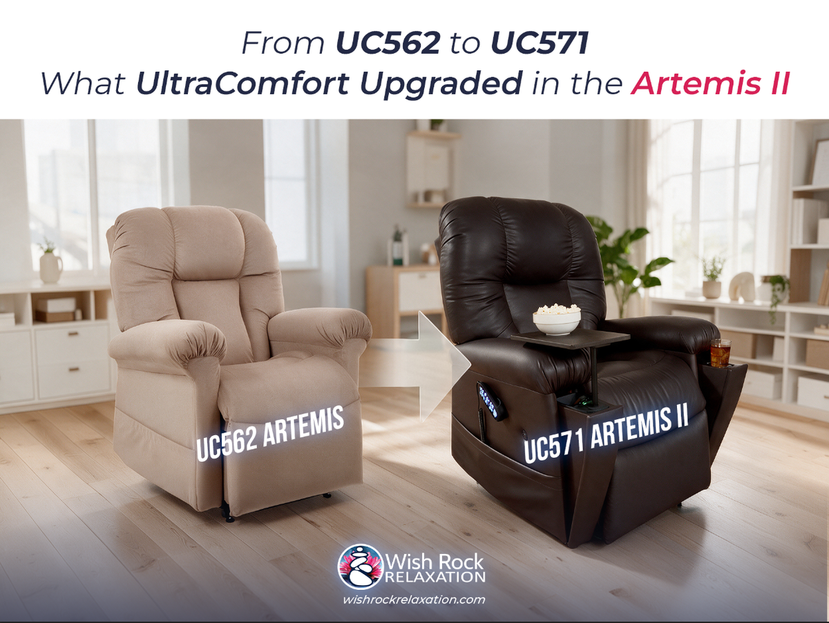 Infographic comparing the UltraComfort UC562 Artemis lift chair in Taupe upholstery to the upgraded UC571 Artemis II lift chair in Brown upholstery, highlighting the added tray table, cup holder, and control features in a banner size from Wish Rock Relaxation.
