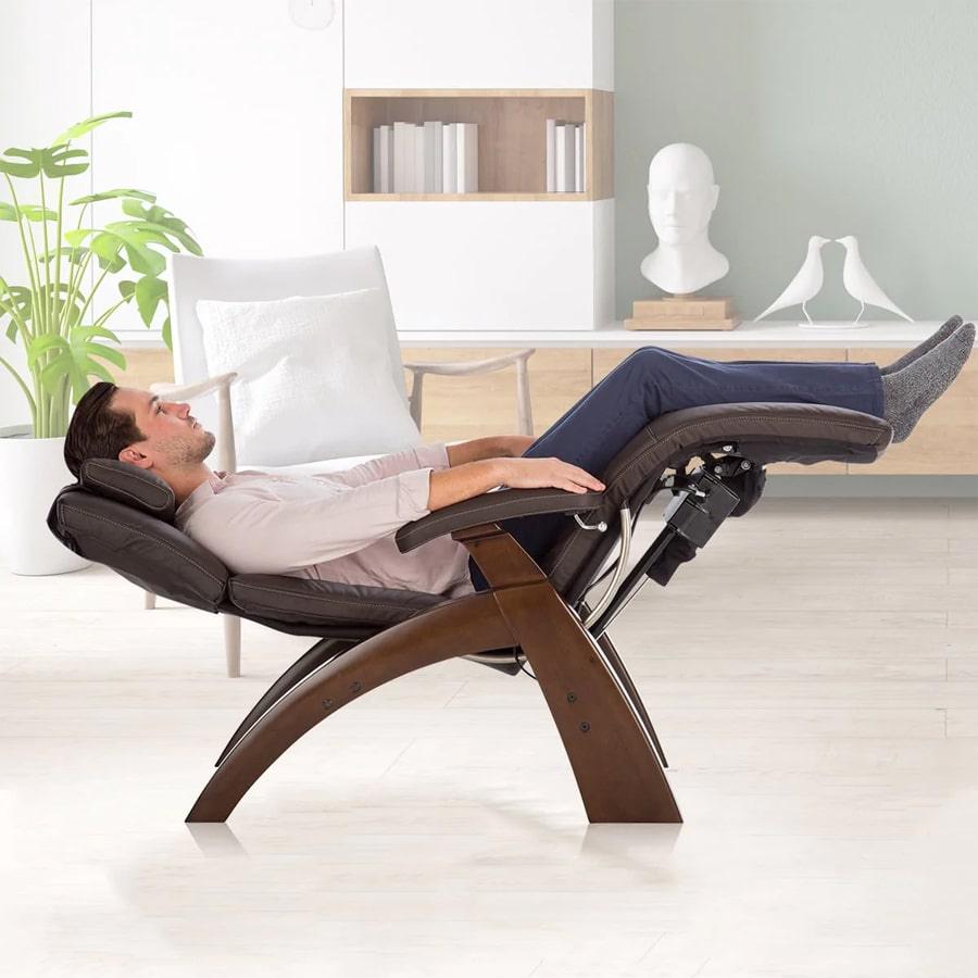 Human Touch Perfect Chair PC-350 Classic Power Zero Gravity Recliner - lifestyle image of man in zero gravity removing all pressure from his spine from Wish Rock Relaxation