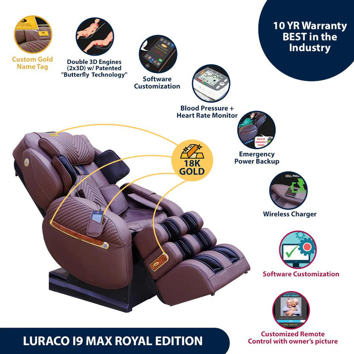 Luraco i9 Max Royal Edition Massage Chair in Chocolate Brown Color showcasing the full-body stretching position of the chair and all of its incredible features that makes it stand out compared to other massage chairs